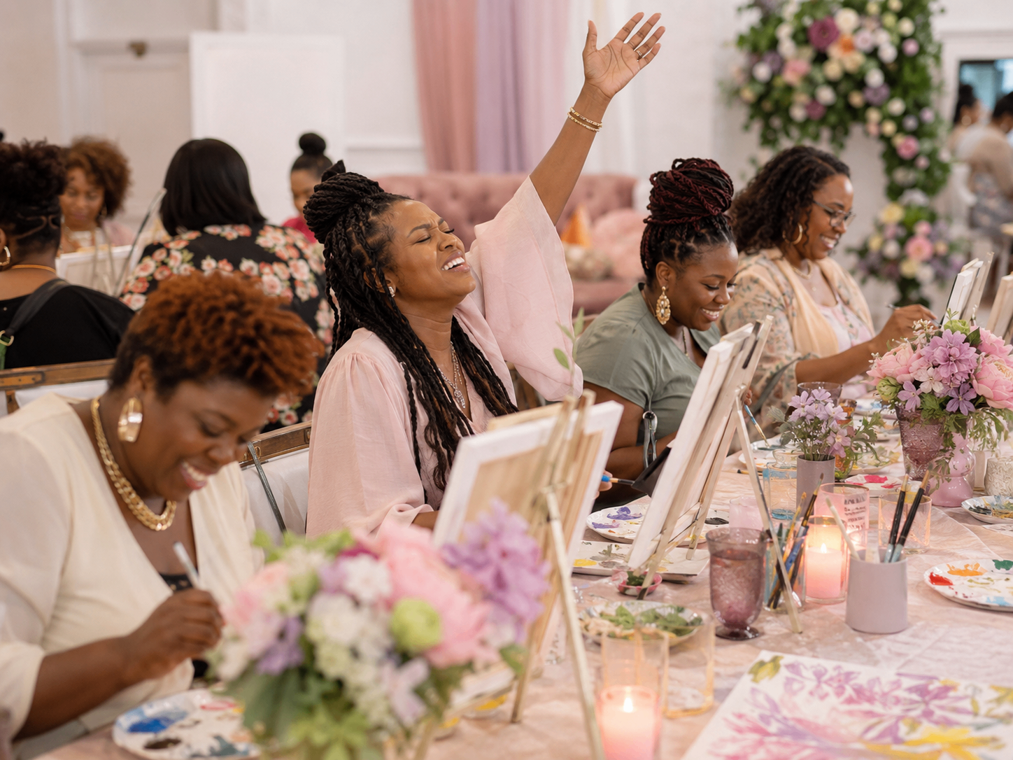 Woman worshipping at a floral painting table